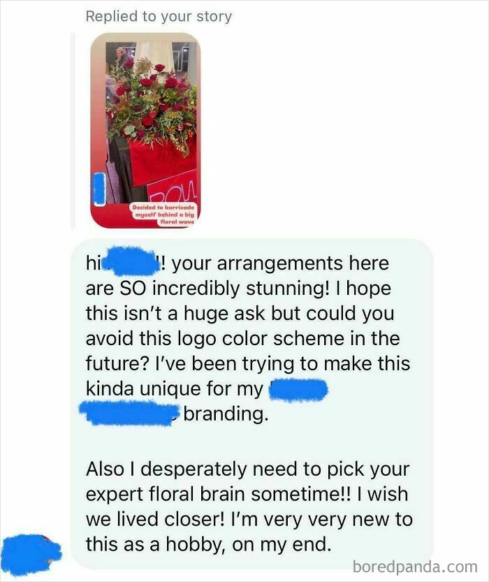 Message showing a request to change flower arrangement color for unique branding, featuring entitled tone.