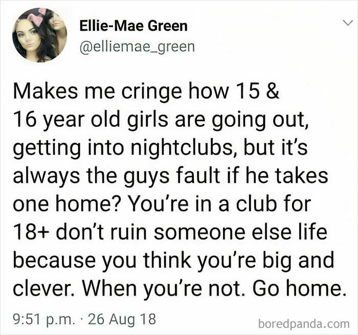 A tweet expressing frustration about underage girls in nightclubs, highlighting world issues.