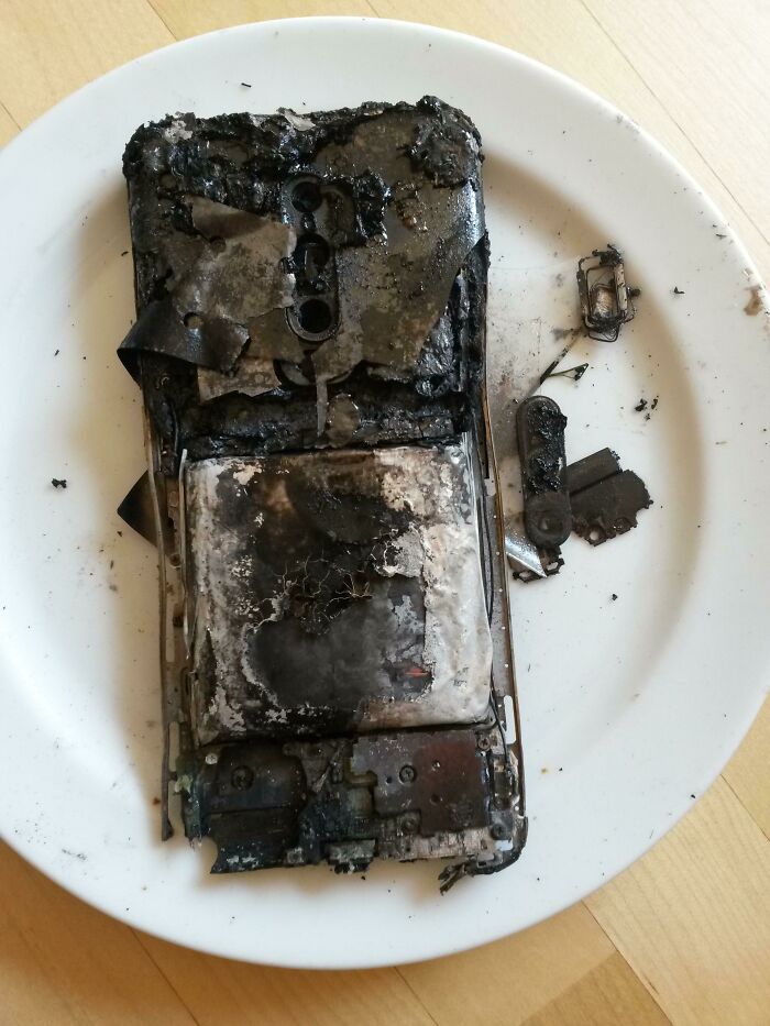 Burnt smartphone on a white plate, showcasing aftermath of an expensive accident.