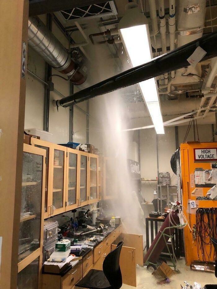 Water leak in a lab causing potential damage to equipment, illustrating an expensive accident scenario.