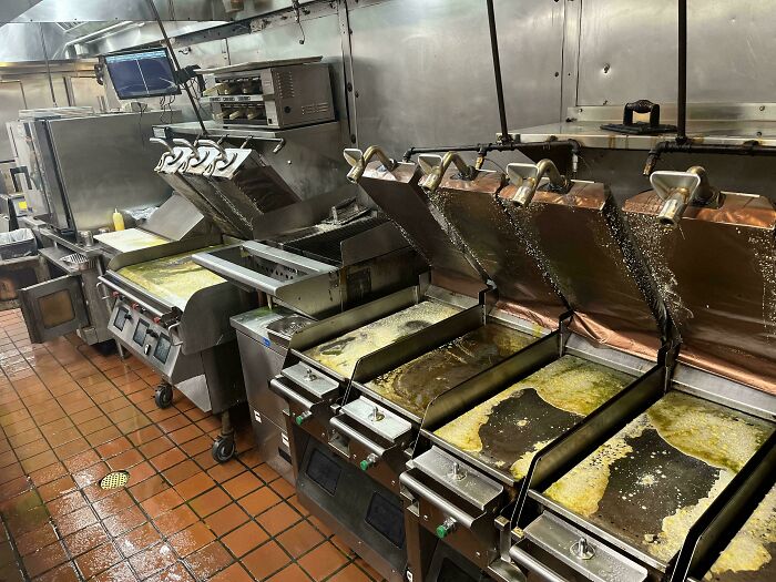 Commercial kitchen with deep fryers messy after an expensive accident.