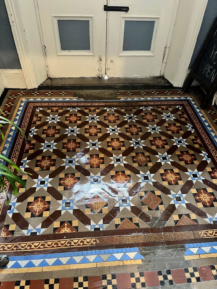 Intricate patterned floor tile design near an entrance, showcasing a unique home-discovery-find.