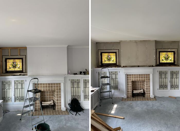 Home discovery finds reveal hidden stained glass windows above a fireplace in a living room during renovation.