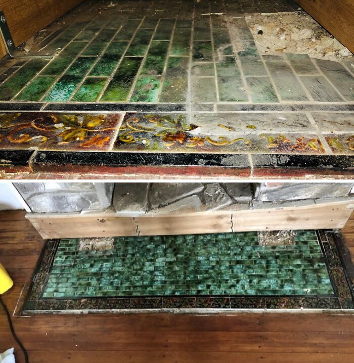 Antique green tiles discovered beneath fireplace rubble, showcasing decorative patterns, a unique home discovery find.