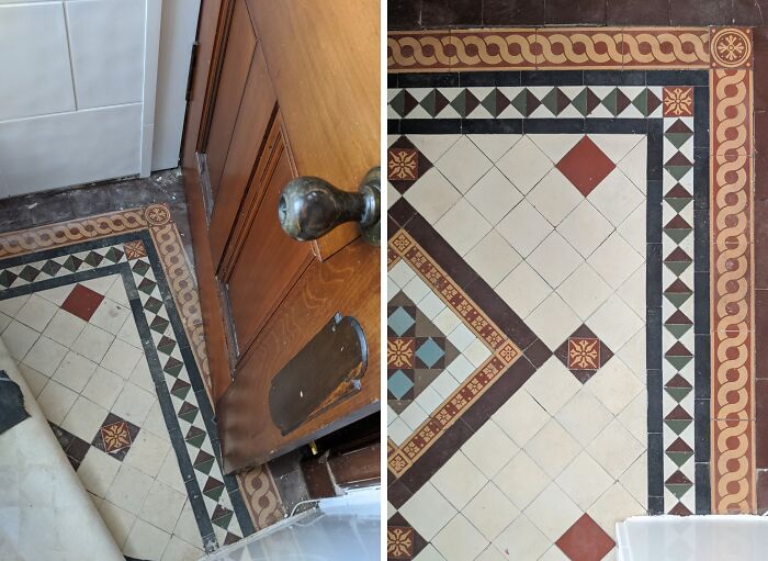 Home discovery finds: Vintage patterned floor tiles revealed beneath worn linoleum.