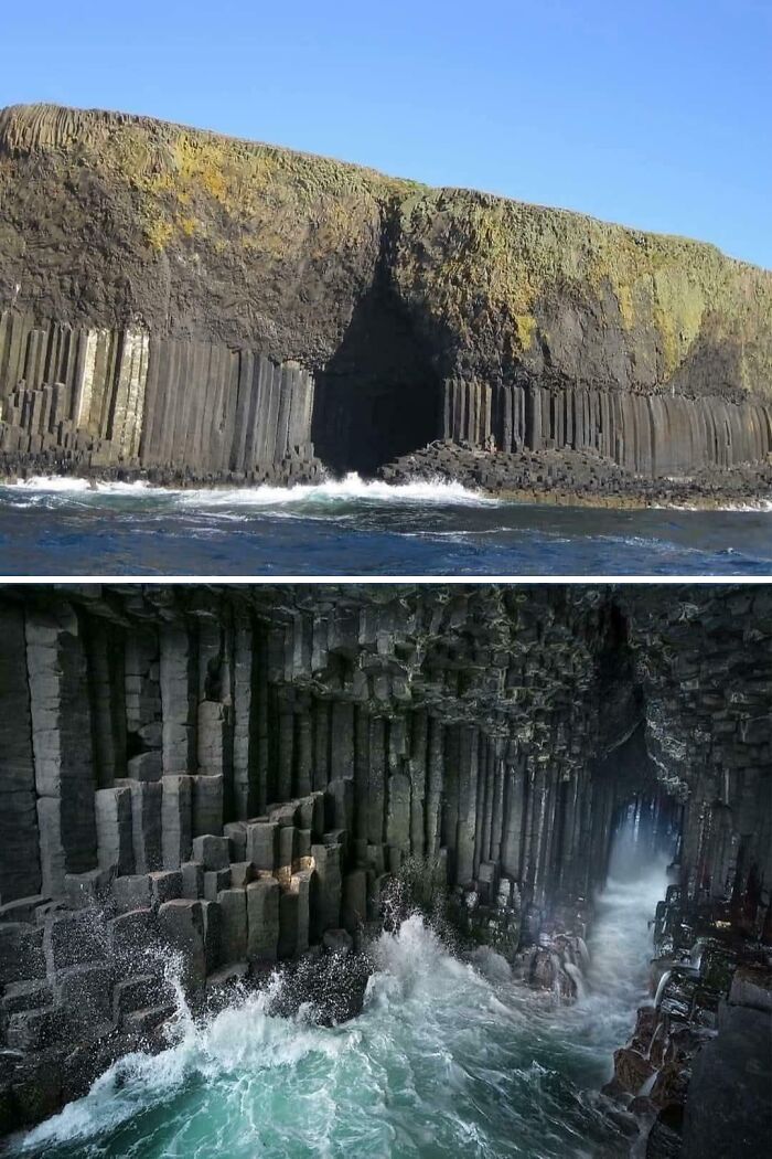 Basalt columns forming a stunning coastal cave, showcasing fascinating geological structures by the sea.