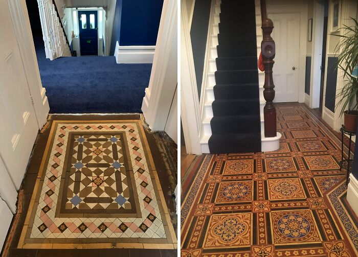 Antique tiled floors discovered under carpet in a home, showcasing intricate designs and patterns.