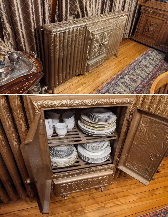 Ornate radiator hiding shelves with dishes, showcasing creative home-discovery-finds in interior design.