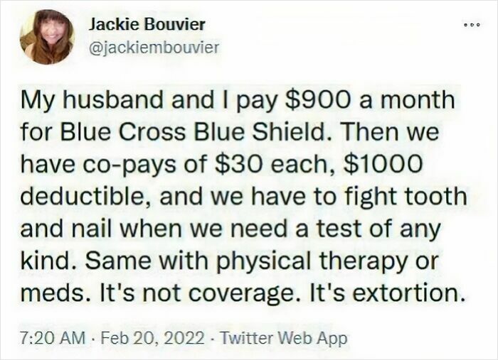 Tweet about expensive healthcare costs and coverage issues, highlighting a messed up aspect of the world.