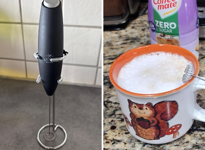 Milk frother next to frothed coffee in a mug, a popular wished-for item.