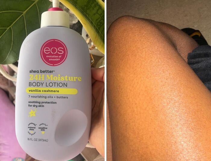 Bottle of moisturizing body lotion with shea butter next to smooth, moisturized skin, emphasizing wished-for skincare items.