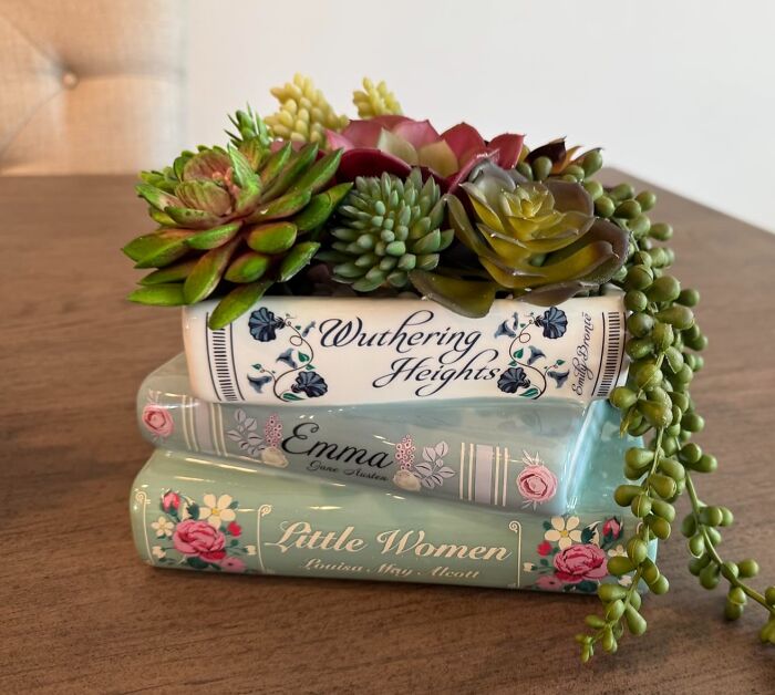 Succulents in decorative book planters featuring classic titles on a wooden table. Wished for items for your home decor.