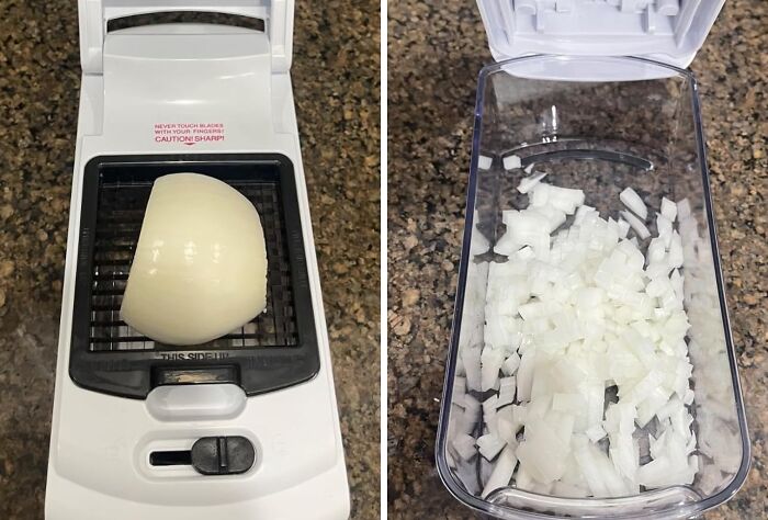Onion chopper showcasing diced results, a top wished-for kitchen item on a countertop.