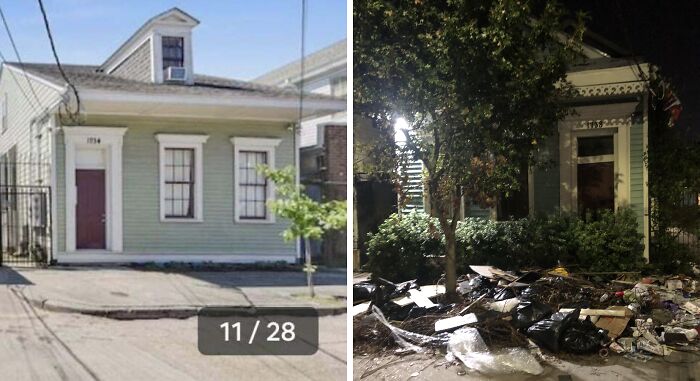 Expectations vs. reality: Airbnb house in daytime and messy nighttime scene with trash outside.