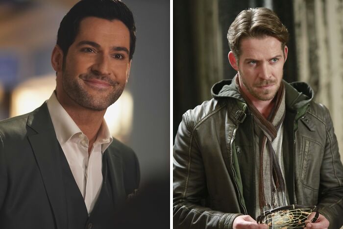 Two actors mid-production replacement, one in a suit smiling, the other in a jacket holding a prop, looking serious.