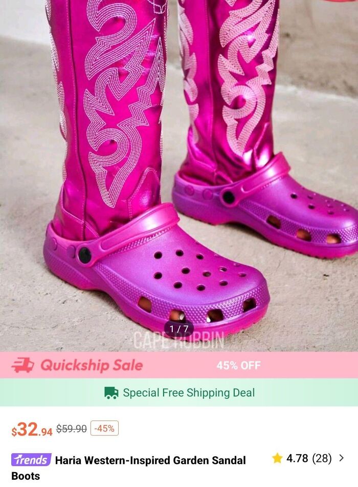 Fashion disaster: bright pink boots with Crocs-style sandals, featuring embroidered details and discounted price displayed.