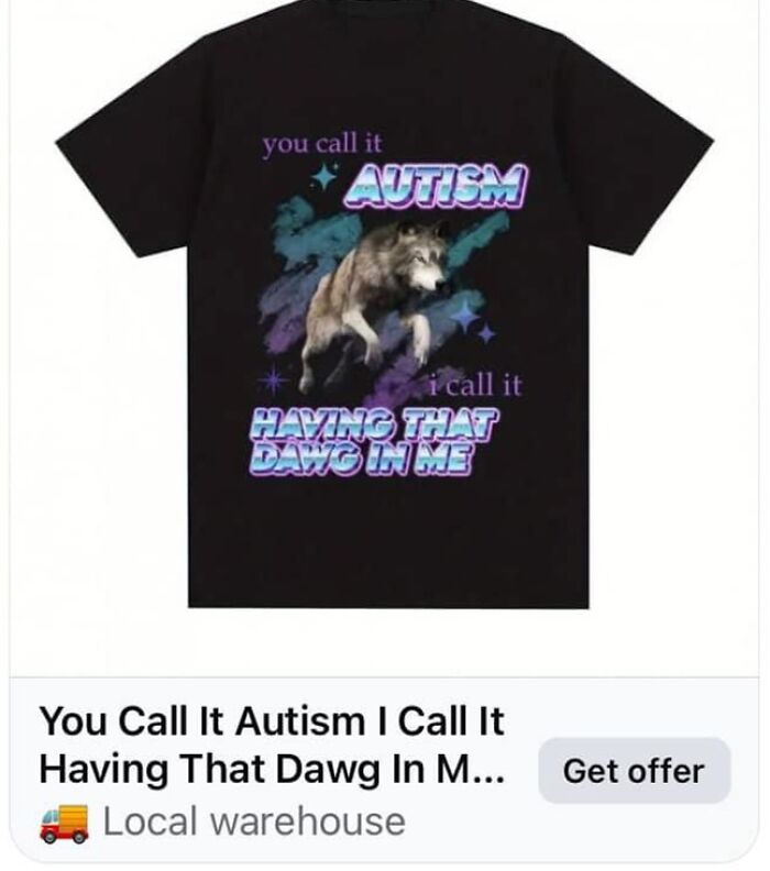 Black T-shirt with a wolf design and humorous text, showcasing a fashion disaster trend.