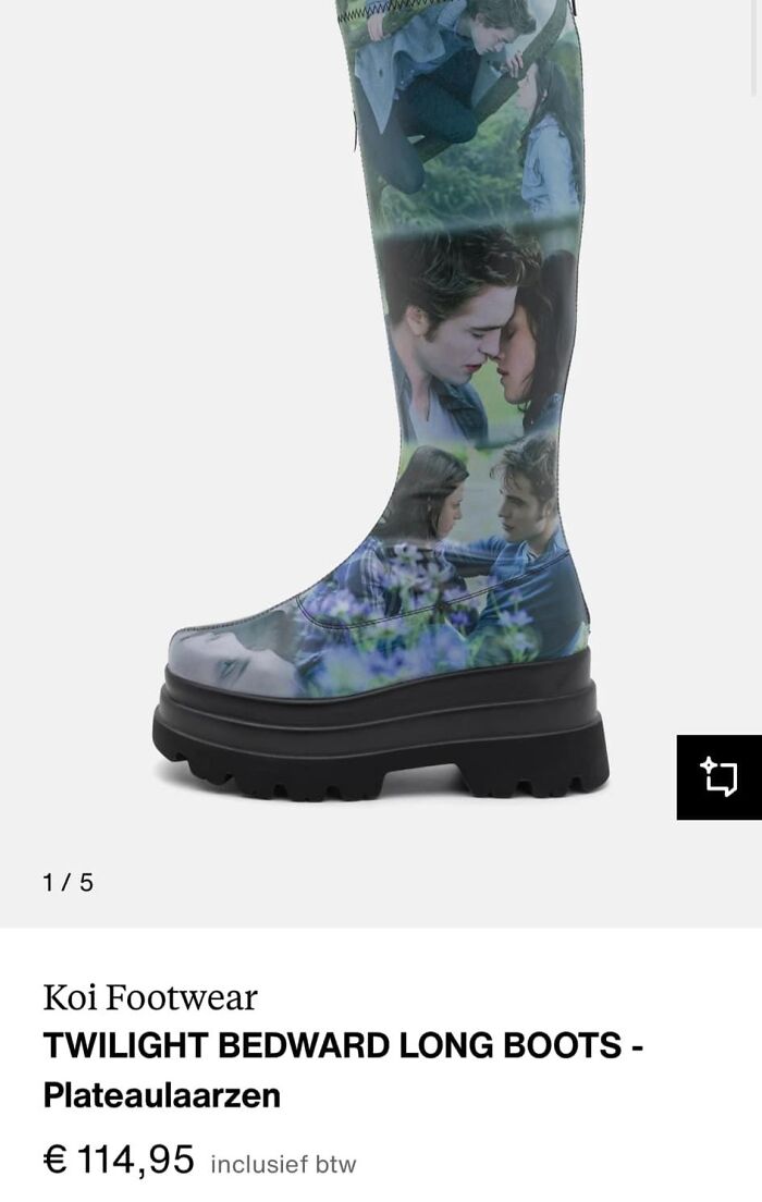 Knee-high boots with a Twilight-themed design, criticized as fashion disasters on a social media page.
