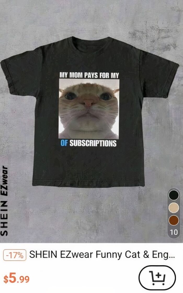 Funny T-shirt with a cat meme and text "My mom pays for my subscriptions," part of fashion disasters.