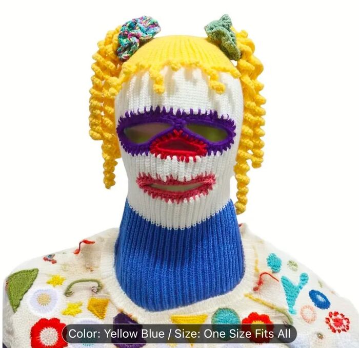 Colorful knit balaclava with quirky patterns, a bold example of fashion disasters.