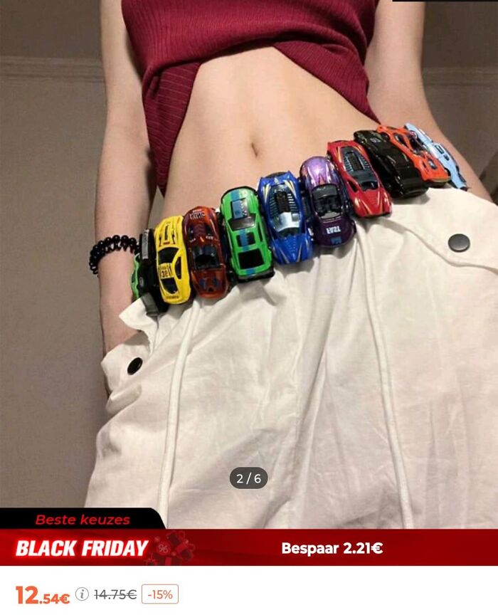 Person wearing a skirt with toy cars as a belt, showcasing a fashion disaster for Black Friday.