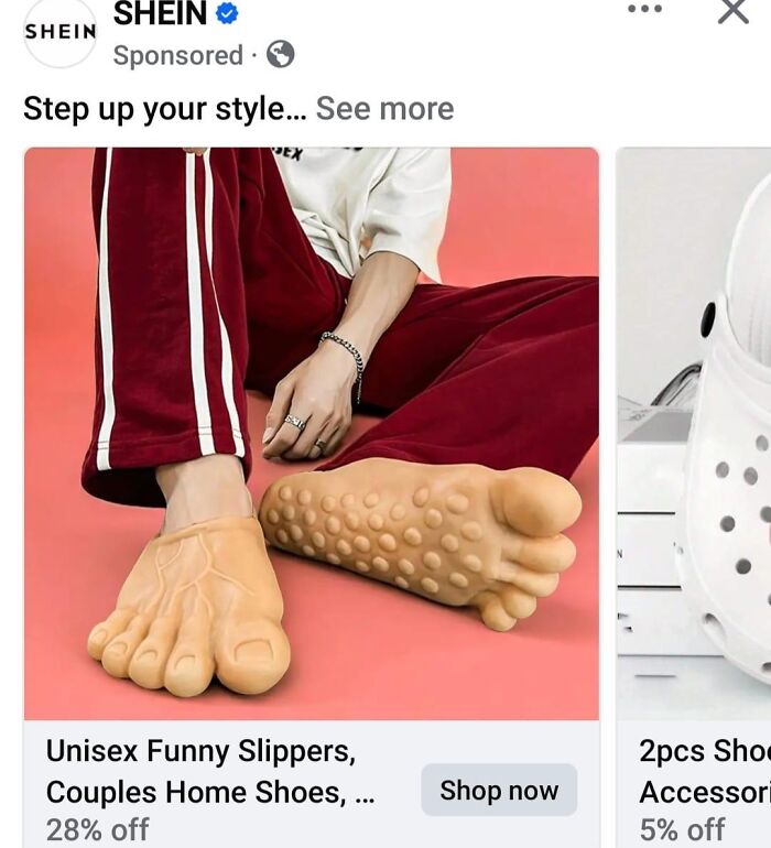 Unusual footwear in shape of human feet, part of unacceptable fashion disasters on Facebook.