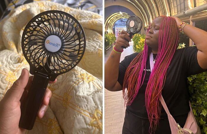 Portable fan used as a travel hack; one photo shows the fan on a bed, another shows a person cooling themselves with it.