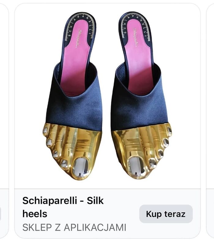 Gold-toed Schiaparelli silk heels displayed for sale, showcasing a unique fashion disaster design.