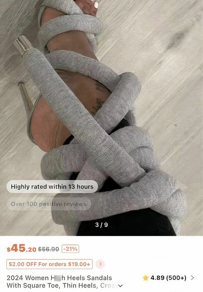 Unique fashion sandals with high heels, square toe, and fabric wrap design, featured as a fashion disaster.