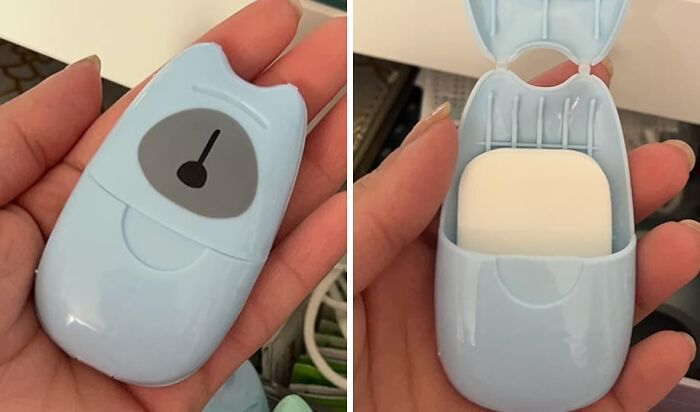 Compact travel soap container in hand, showcasing practical travel hack.