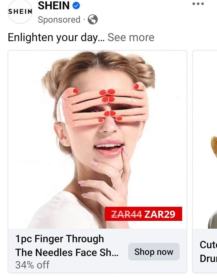 Woman wearing unusual finger-shaped sunglasses in a fashion ad with 34% discount offer.