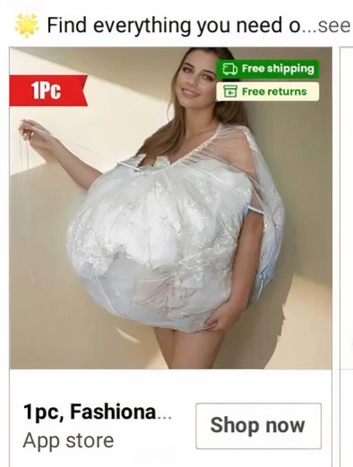 Woman wearing an unusual, oversized white fashion item, humorously highlighted as a fashion disaster.