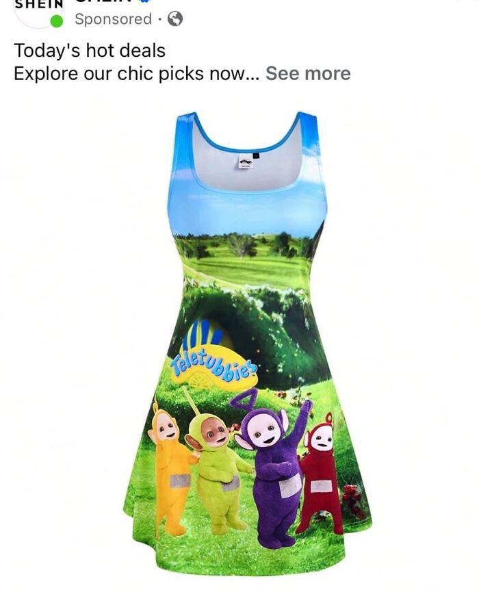 Teletubbies dress showcased in a Facebook ad, blending colorful characters with a landscape design; a fashion disaster example.
