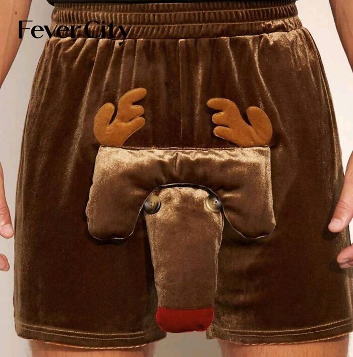 Brown velvet shorts with a comical reindeer design, showcasing an unacceptable fashion disaster.