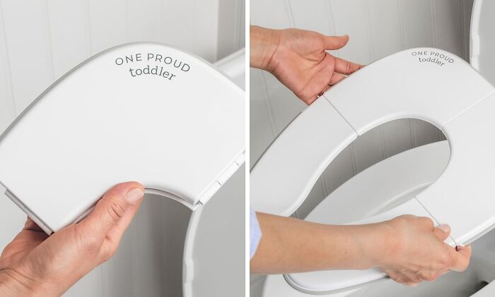 Travel hacks: A person demonstrating the use of a portable toddler toilet seat with hands for easy travel.