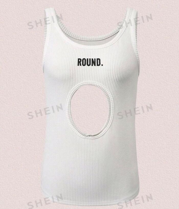 White tank top with a round cutout and "ROUND." text. Fashion disaster from a Facebook page.