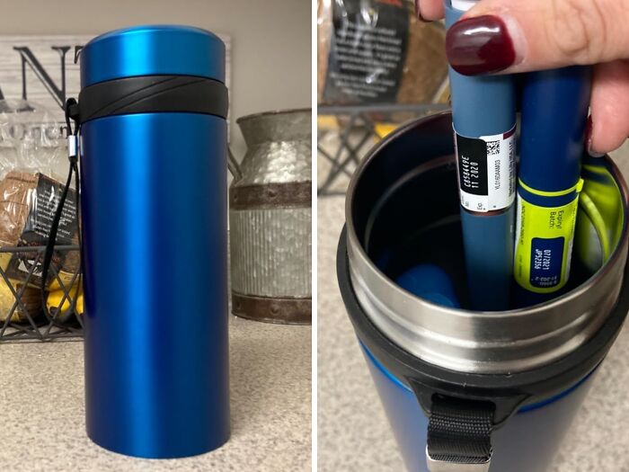 Travel hacks: blue thermos used for discreet beverage storage, with bottles hidden inside.