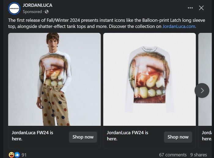 Fashion disaster: Model in a balloon-print top with polka-dot pants from JordanLuca FW24 collection.