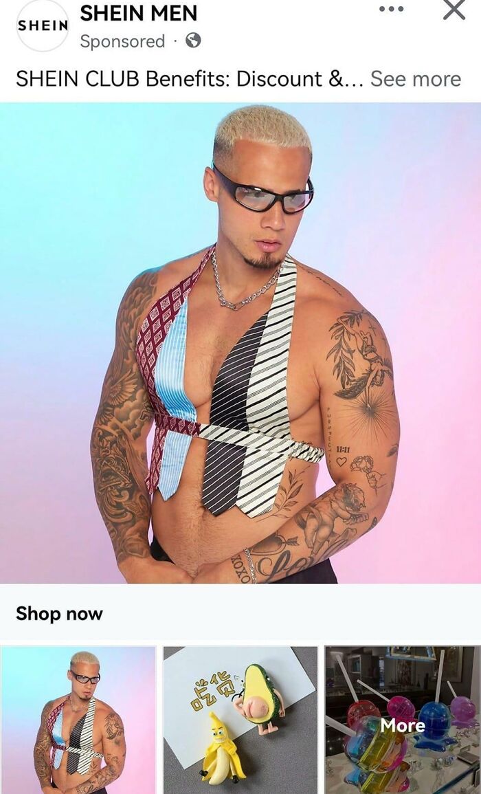 Man in an unconventional top made of ties, showcasing an unacceptable fashion disaster.