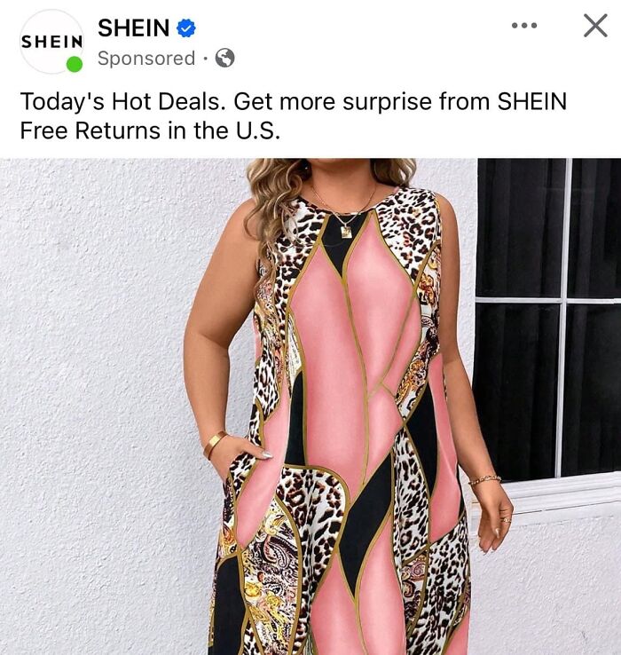 Woman in a bold, colorful dress featuring abstract patterns, listed under fashion disasters.