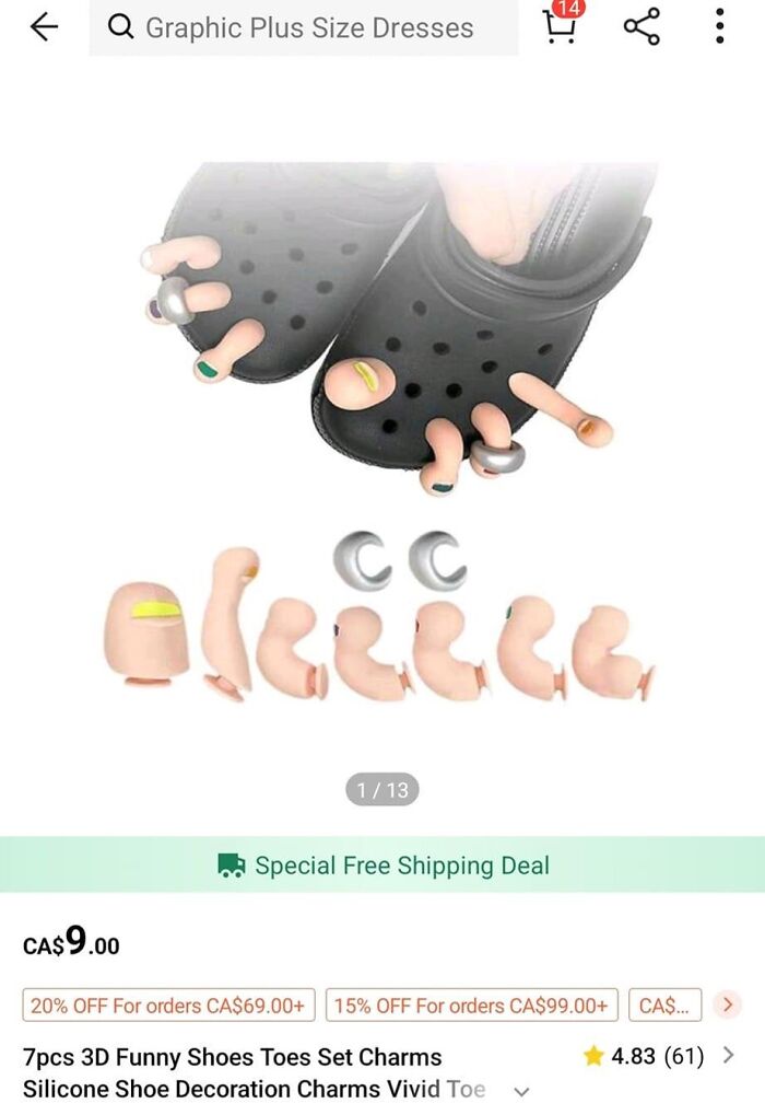 Unacceptable fashion disaster: crocs with silicone toe charms on display, priced at $9.