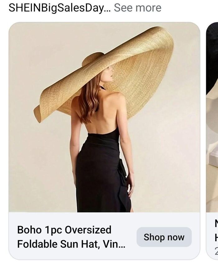 Woman wearing oversized sun hat and black dress; example of unacceptable fashion disaster.