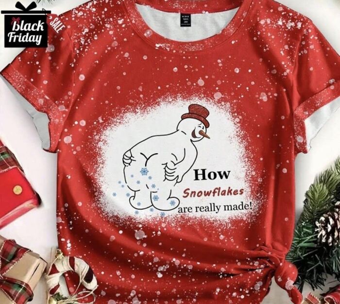Red Christmas shirt with a snowman and humorous text, showcasing a fashion disaster.