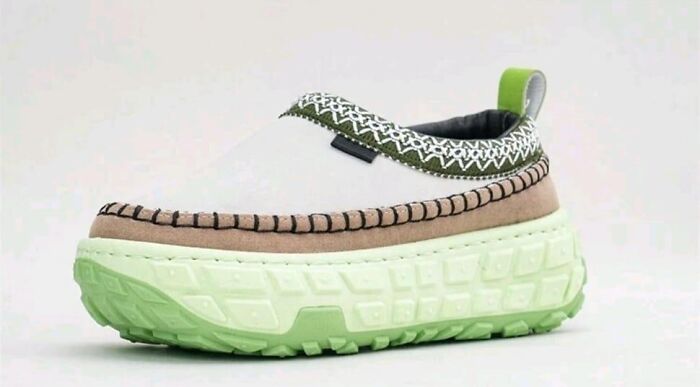 Chunky green and beige shoe with intricate stitching, showcased as a fashion disaster on a popular Facebook page.