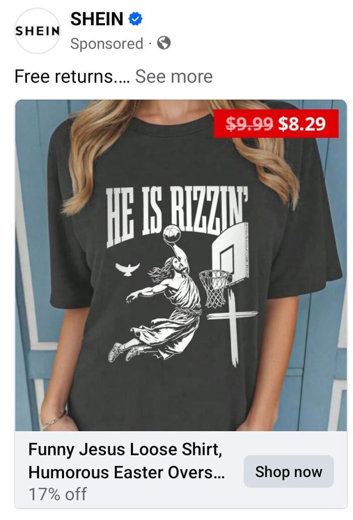 Funny Jesus basketball t-shirt with "HE IS RIZZIN'" print. Featured in unacceptable fashion disasters post.