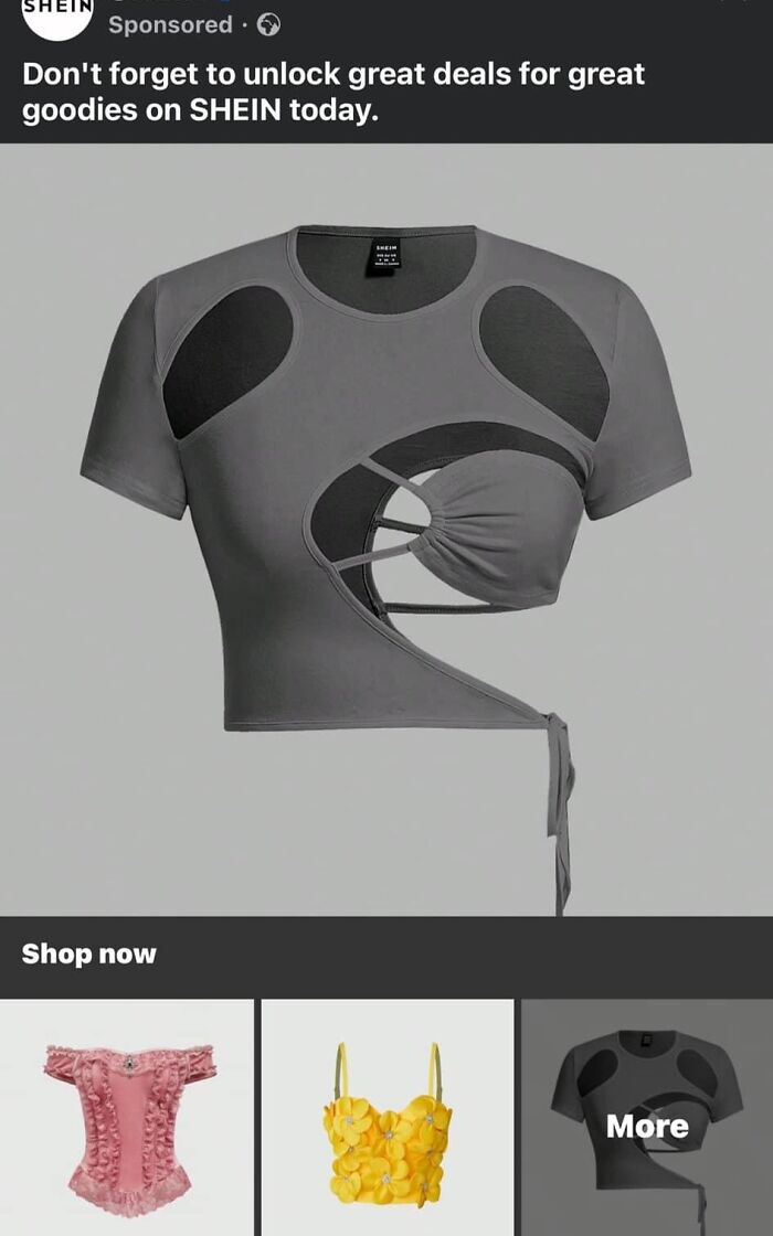 Unique fashion disaster top with asymmetric cutouts advertised on SHEIN.