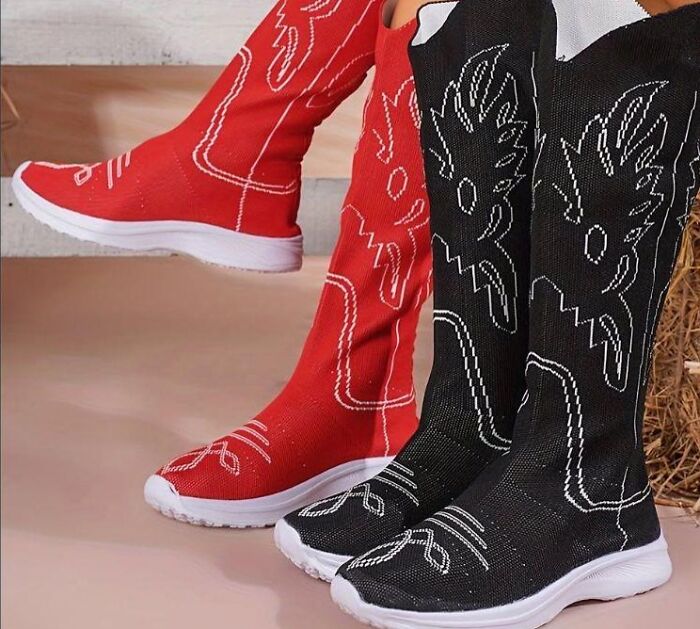 Red and black knee-high boots with white stitching, showcasing unique patterns, part of unacceptable fashion disasters.