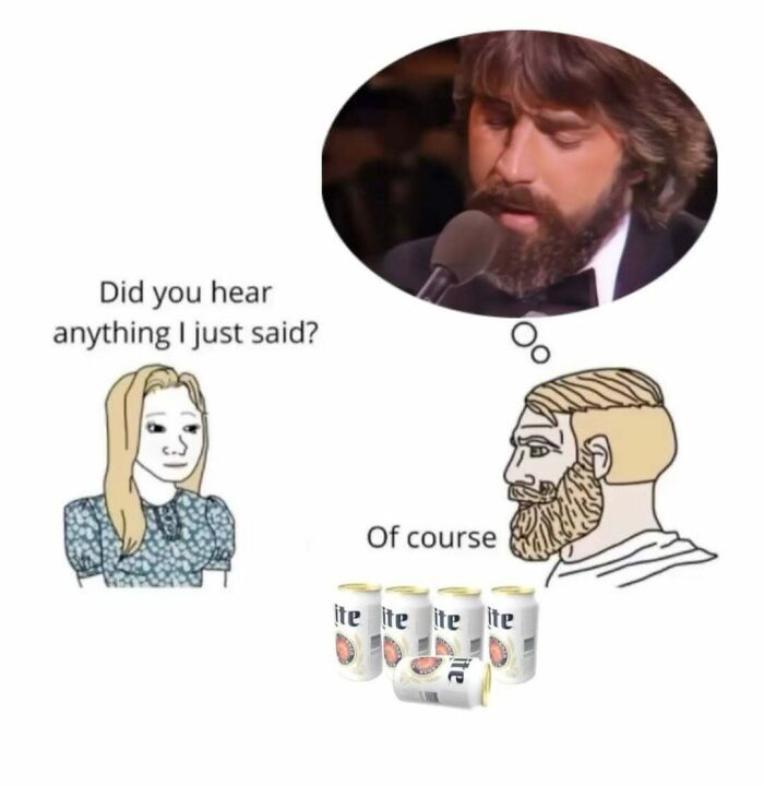 Cartoon man ignoring woman, thinking about beer; relatable Middle Class Fancy meme humor.