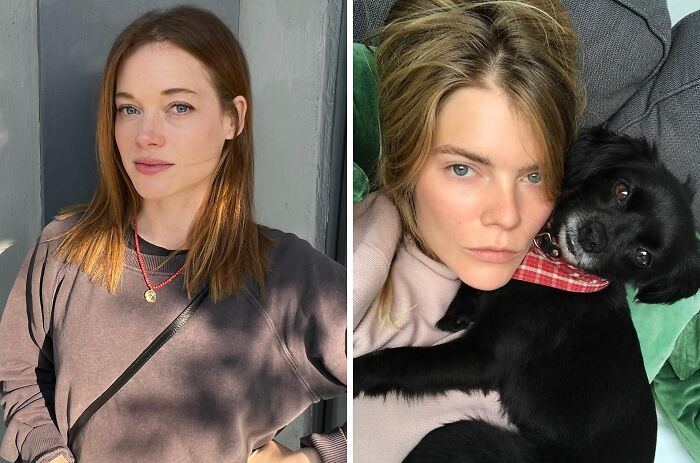 Two women, one posing outdoors, the other cuddling a dog indoors; a theme of actors replaced mid-production.