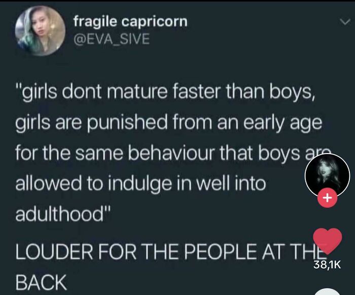 Tweet on gender maturity highlights bias, with a statement about girls' and boys' behavior differences.